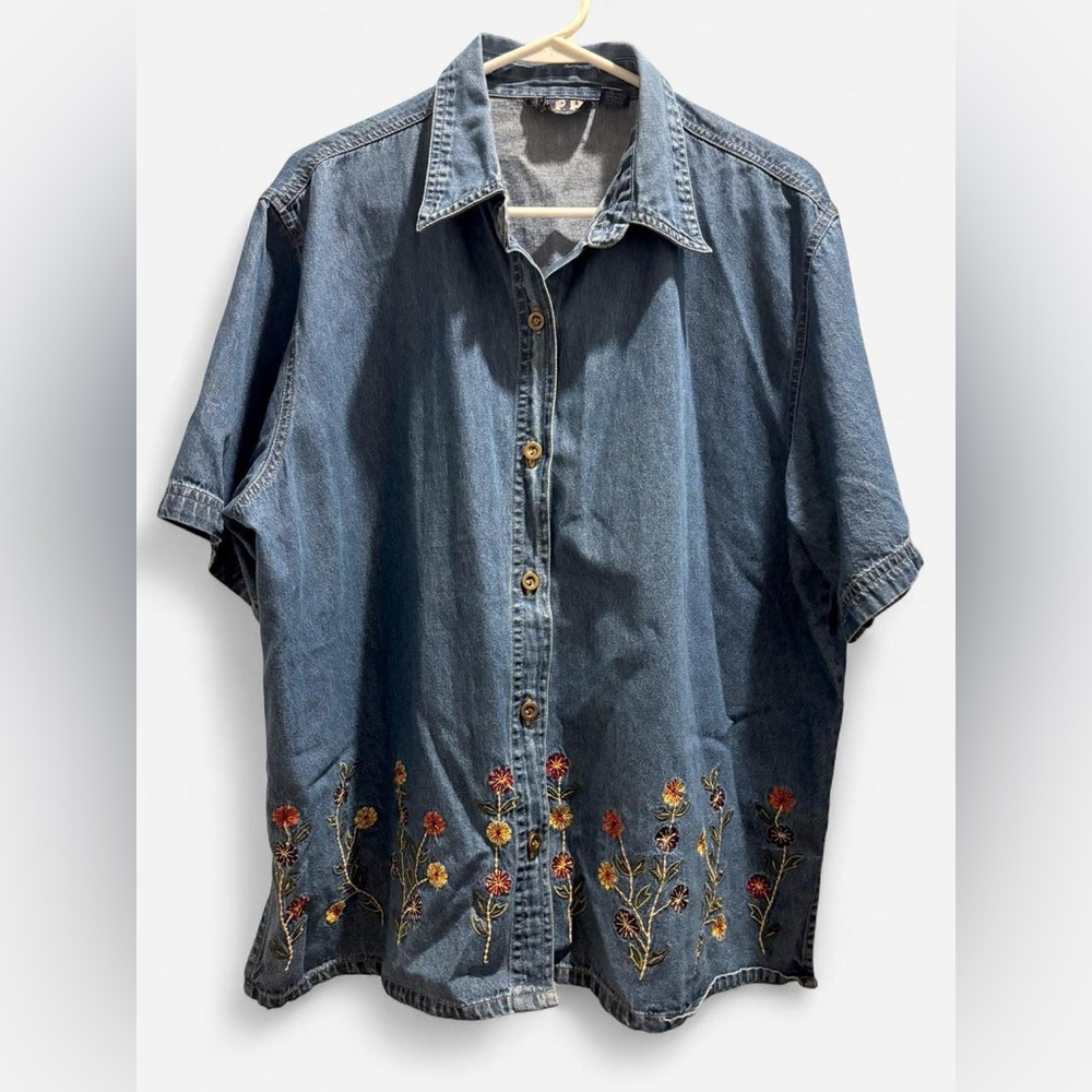 Embroidered Denim Shirt with Floral Design